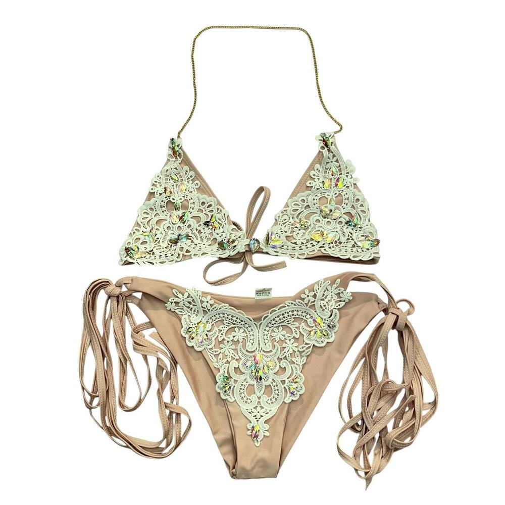 Crochet Lace Gemstone Bikini Set M/L Cheeky Halter Triangle Tied Coquette Chain